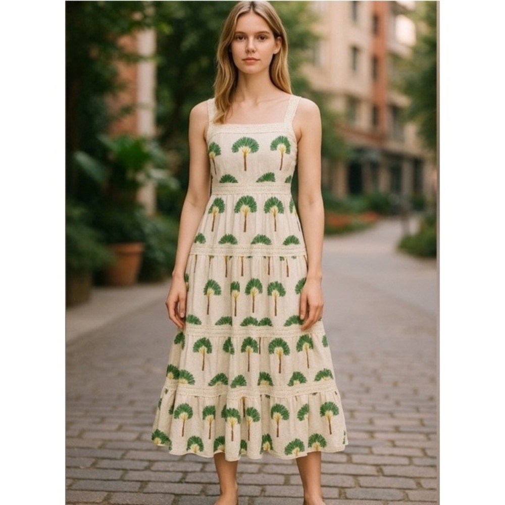 Calypso St. Barth Cream and Green Maxi Dress